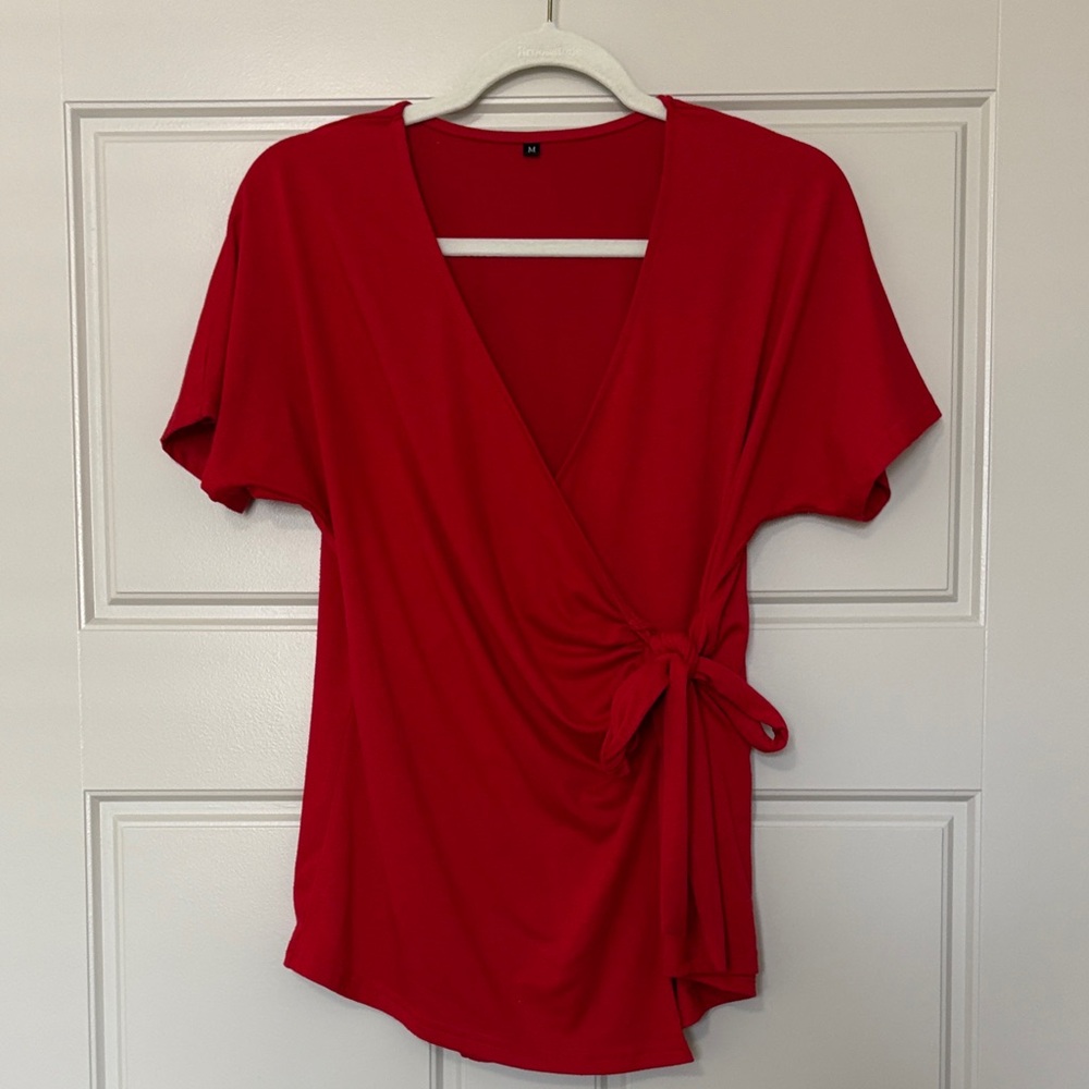 Red Wrap Tie-Front Blouse with Short Sleeves